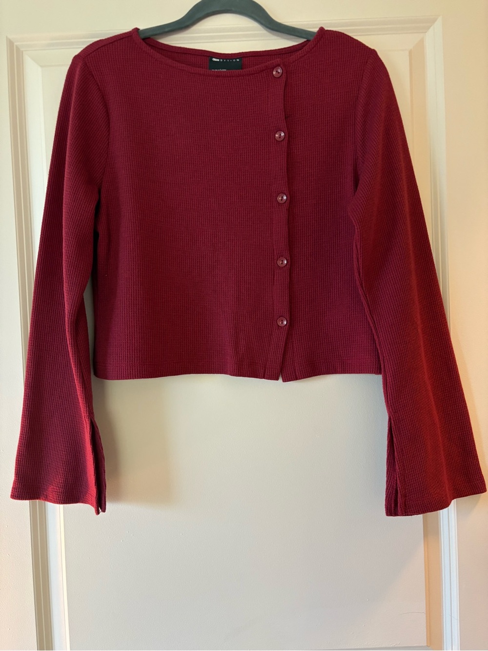 ASOS Burgundy Waffle-Knit Button-Front Long Sleeve Top - Picture 2 of 3